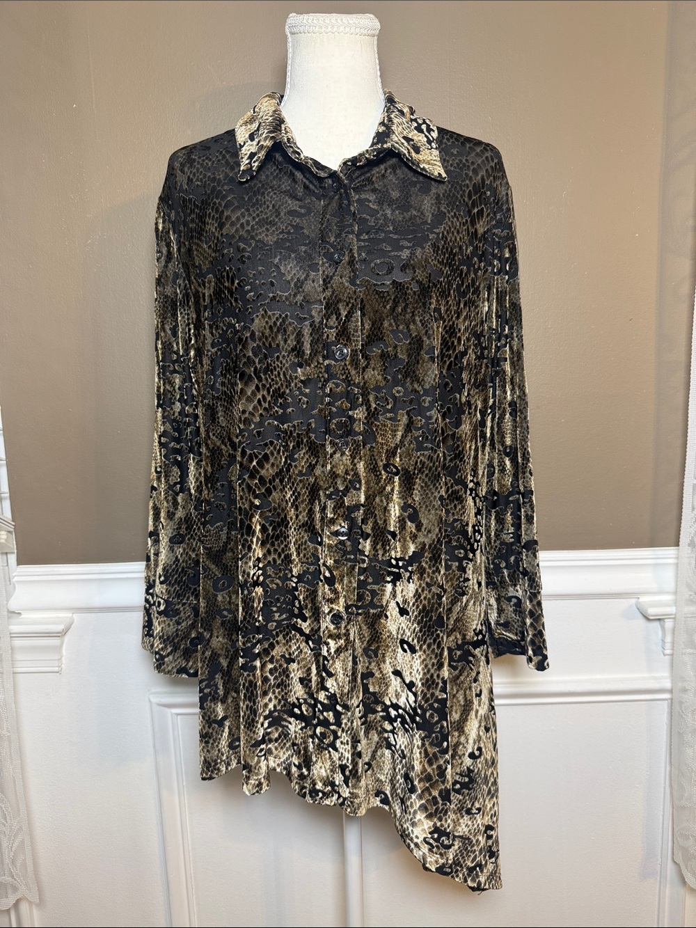 Boho‎ Chic XL Y2K Velvet Burnout Snakeskin Asymmetrical Tunic Top